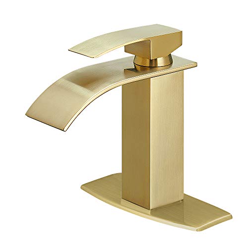 Waterfall Spout Bathroom Faucet, Single Handle Bathroom Sink Faucets, Rv Vessel Faucet Basin Mixer Tap with Deck Plate, cUPC Waterlines, Brushed Gold - color: Brushed Gold, style: Short - Without Pop Up Drain