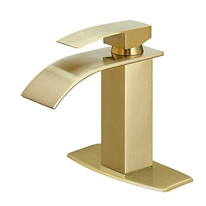 Waterfall Spout Bathroom Faucet, Single Handle Bathroom Sink Faucets, Rv Vessel Faucet Basin Mixer Tap with Deck Plate, cUPC Waterlines, Brushed Gold - color: Brushed Gold, style: Short - Without Pop Up Drain