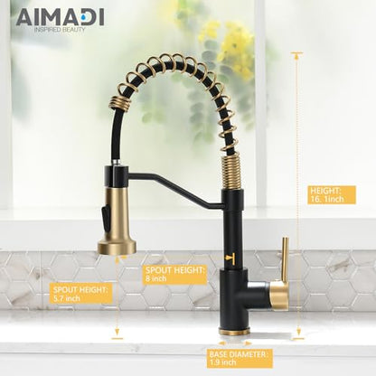 AIMADI Black Faucet Kitchen,Commercial Black Gold Kitchen Faucet Matte Black Modern Single Handle Kitchen Faucet with Pull Down Sprayer for Rv Farmhouse Camper - color: black gold