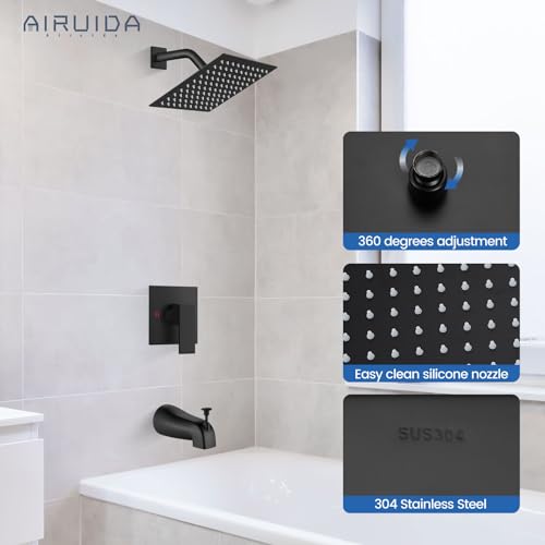 Airuida 8 Inch Shower Faucet Set,Bathtub Faucet Kit,Matte Black | Shower Tub Faucet Set,Male Threads Rough-In Valve,Square Head Shower System - color: Black, size: 8 Inch