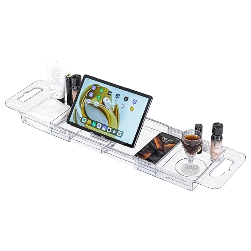Adjustable Bathtub Tray (22-31 Inch) - Clear Acrylic Bath Caddy with Non-Slip Pads, Expandable Spa Organizer for Drinks, Books & Phone, Ideal Gift for Housewarming or Anniversary