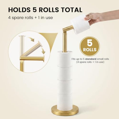 Cesun Free Standing Toilet Paper Holder Stand with Weighted Base, Gold | SUS304 Rustproof Steel | Thick Non-Slip Base | Swivel Pivot Design | Slim Footprint | Holds 5 Rolls - color: Gold