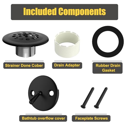 Trip Lever Tub Drain Kit, Matte Black | Bathtub Drains Stopper Replacement Kits, Trip Lever Overflow Faceplate, Tub Drains Strainer, Thread Adapter & Gasket - color: Black Kits