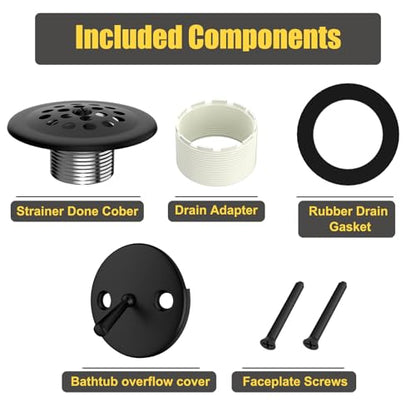 Trip Lever Tub Drain Kit, Matte Black | Bathtub Drains Stopper Replacement Kits, Trip Lever Overflow Faceplate, Tub Drains Strainer, Thread Adapter & Gasket - color: Black Kits