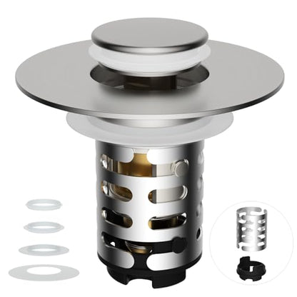 Universal Upgraded Bathroom Sink Drain Stopper Hair Catcher, Brushed Nickel | 4-IN-1 Pop-Up Sink Strainer with 2-Layer Removable Stainless Steel Basket, Anti-Clog Drain Plug for 1.1"-2.36" Basin - color: Brushed Nickel