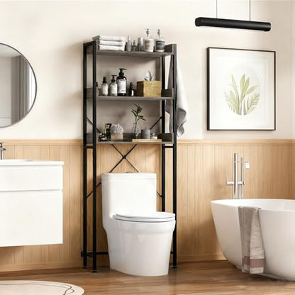 Giantex Over The Toilet Storage Shelf, 3-Tier Freestanding Space Saver Above Toilet with 4 Hooks, Adjustable Bottom Bar, Over Toilet Bathroom Organizer for Restroom, Laundry, Easy Assembly - color: Grey + Black