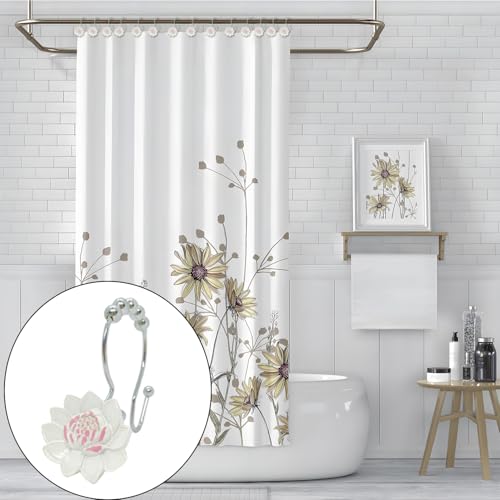 Flower Decorative Shower Curtain Hooks12pcs Shower Curtain Rings Rust Proof Double Glide Shower Curtain Hooks Shower Curtain Rings for Bathroom and Living Room