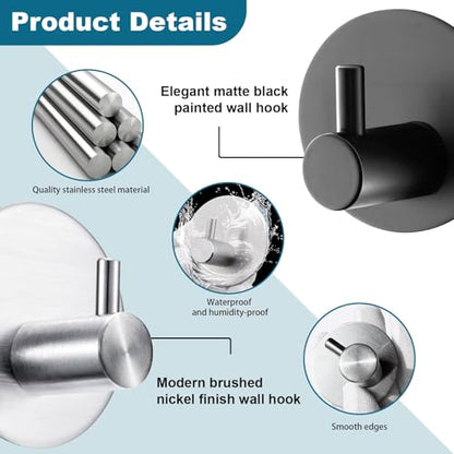 Towel Hooks for Bathroom (4 Pack) Adhesive Towel Hook Shower Hooks for Inside Shower - Sticky Bathroom Wall Hooks for Hanging Towels, Robe, Loofah, Bath Sponge - Brushed Nickel Towel Hooks - color: Silver