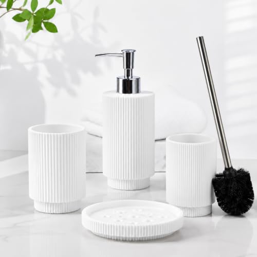 White Ribbed Resin Bathroom Accessory Set,Soap Dispenser,Toothbrush Holder | 4 Pack Bath Counter Decor,Soap Pump Dispenser, Toothbrush Cup,Toilet Brush & Soap Tray,Moisture Resistant Easy Clean Durable