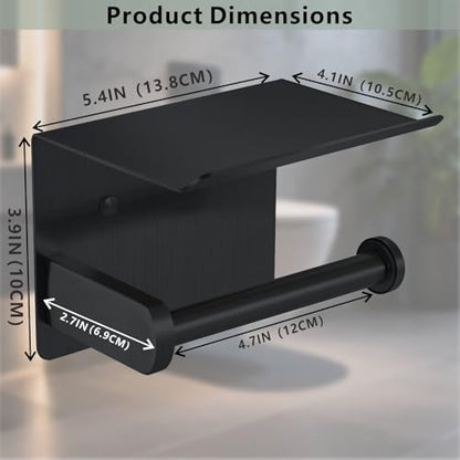 Toilet Paper Holder with Shelf, Heavy-Duty Stainless Steel Bathroom Hardware, Self-Adhesive No-Drill/Drill-Mount Wall-Mounted Roll Holder, Rust-Proof Bathroom Tissue Rack (Black) - color: Black