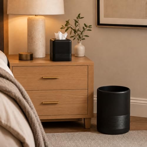 Resin Tissue Box Cover, Modern Square Holder, Black | Black resin tissue box cover with modern square design and silicone feet for bathroom vanity, office desk, and living room - color: Black