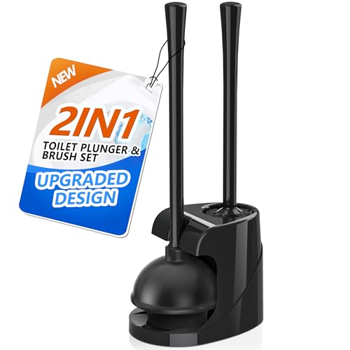 Toilet Plunger and Brush with Holder, Bowl Brush and Heavy Duty Toilet Plunger Set for 5.7-inch Toilet Drain, 2-in-1 Bathroom Cleaning Combo with Modern Caddy Stand (Black) - color: Black