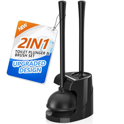 Toilet Plunger and Brush with Holder, Bowl Brush and Heavy Duty Toilet Plunger Set for 5.7-inch Toilet Drain, 2-in-1 Bathroom Cleaning Combo with Modern Caddy Stand (Black) - color: Black
