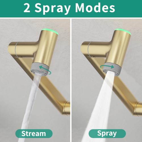 Bathroom Faucet 1 Hole with Temperature Display, Brushed Gold | Batteries-Free, 1080° Rotatable Single Hole Bathroom Faucet, Single Handle Bathroom Vanity Faucets, 2 Spray Modes - color: Brushed Gold