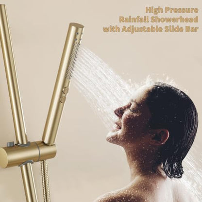 Shower Slide Bar with Handheld Sprayer 2 Modes Handle Shower 59" SUS304 Stainless Steel Hose Shower Height and Angle Adjustable Wall Mounted Bathroom Shower System Remodel Hardware Brushed Gold - color: Brushed Gold-Round