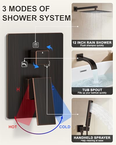 Oil Rubbed Bronze Shower System with Tub Spout, Wall Mounted Bathtub Faucet Set, 12" Rainfall Shower Head and Handheld Shower Combo, High Pressure Shower Fixtures Set with Rough-in Valve - color: Oil Rubbed Bronze, style: 12" Wall Mounted Shower System wi