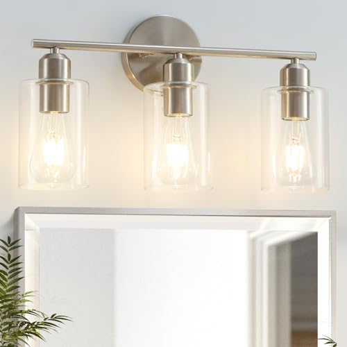 3-Light Bathroom Light Fixtures, Brushed Nickel Bathroom Vanity Lights, Bathroom Lighting Fixtures Over Mirror with Clear Glass Shade, Wall Sconce Light for Bedroom, Living Room and Hallway - color: Brushed Nickel, size: 3 Light - 1 pack