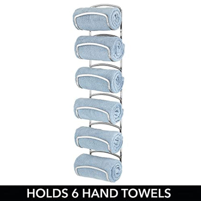 mDesign Metal Towel Shelves – Towel Rack for the Bathroom with 6 Compartments – Practical Bathroom Accessories for Both Large and Small Towels – Silver - color: Chrome