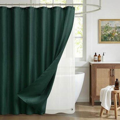 Siiluminisoy Shower Curtain and Liner Set, Waffle Shower Curtain Set with 12 Stainless Steel Hooks, Waterproof Luxury Fabric Shower Curtains for Bathroom and Hotel, Dark Green, 72" W x 84" H - color: Dark Green, size: 72"W x 84"L (Pack of 1)