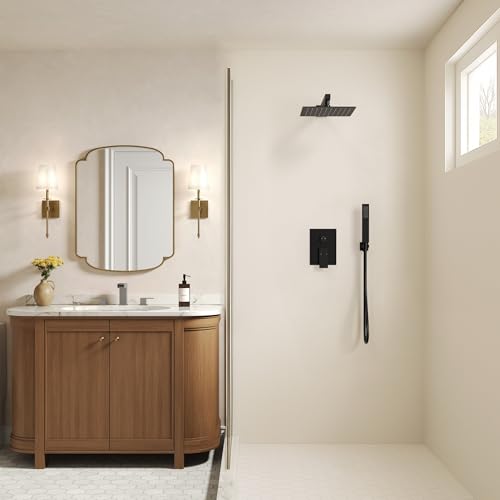 10" Shower System, Wall Mount Shower Faucet Set, Matte Black | Pressure-Balance Rough-In Valve Included, High Flow Square Rainhead, Stainless Steel Fixture for Bath Remodels - color: Matte Black