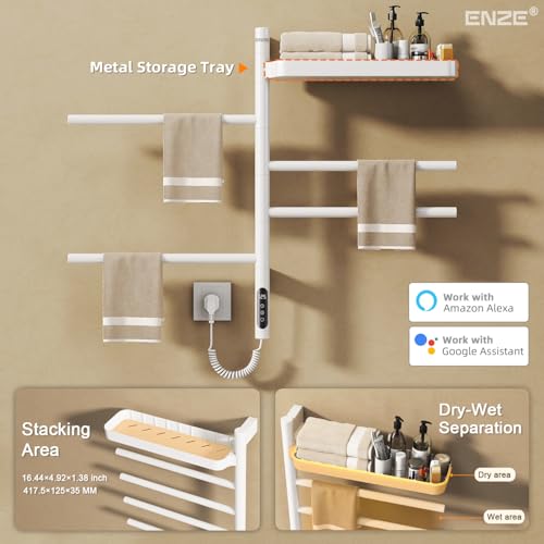 ENZE Smart Rotating Heated Towel Rack, 4-Bar, White | Wall-Mounted Electric Towel Warmer, Swivel Shelf, Wi-Fi App Control, 24H Timer, Stainless Steel - color: White 17.72"x26.77"