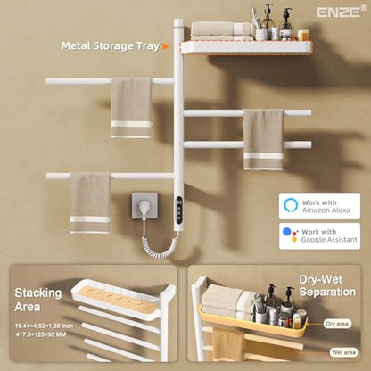 ENZE Smart Rotating Heated Towel Rack, 4-Bar, White | Wall-Mounted Electric Towel Warmer, Swivel Shelf, Wi-Fi App Control, 24H Timer, Stainless Steel - color: White 17.72"x26.77"