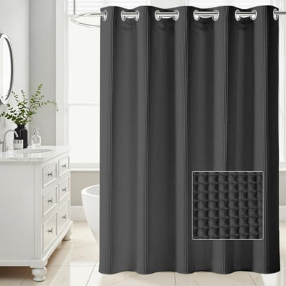 River Dream Black Waffle Weave Shower Curtain with Snap-in Liner,Cotton Blend Fabric Heavy Duty,No Hooks Needed Shower Curtain for Bathroom,Hotel Quality Shower Curtain Set,71 x 74 inches - color: Black, size: 71"W x 74"L (Pack of 1)