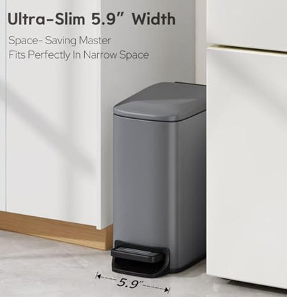 TIPGO Slim Bathroom Trash Can with Lid Soft Close, 6 Liter / 1.6 Gallon Stainless Steel Garbage Can with Removable Inner Bucket, Step Pedal, Small Trash Cans for Bedroom, Office, Kitchen (Grey) - color: Grey