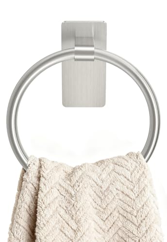 STWWO Hand Towel Holder for Bathroom, Brushed Nickel Towel Ring Adhesive | Bathroom Towel Holder Self Adhesive for Bath RV Kitchen, No Drill Hole - color: Brushed Nickel