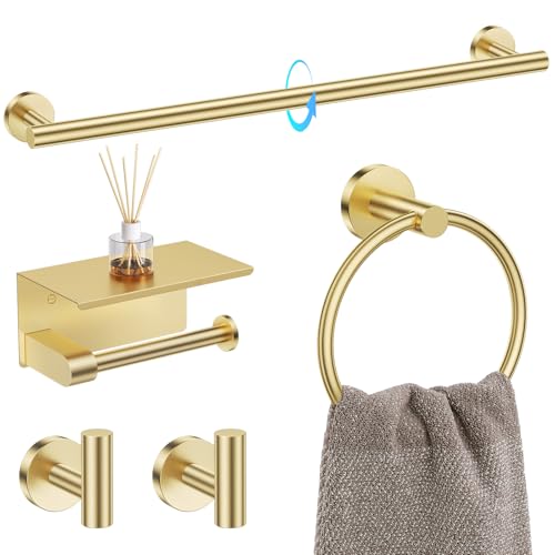 TQKAG 5 Piece Bathroom Hardware Set, Brushed Gold Bathroom Accessories | SUS304 Stainless Steel, 23.6" Brushed Gold Toilet Paper Holder with Shelf, Towel Racks for Bathroom Wall Mounted, Towel Bars - color: Brushed Gold, size: 5-Pieces Set-A