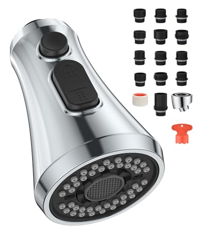 Mbillion Universal Polished Chrome Kitchen Faucet Head Replacement | 3 Function ABS Sink Faucet Head, Pull-Down Nozzle with 14 Adapters, Compatible with Moen,Delta,Kohler,WEWE American Standard - color: Polished Chrome