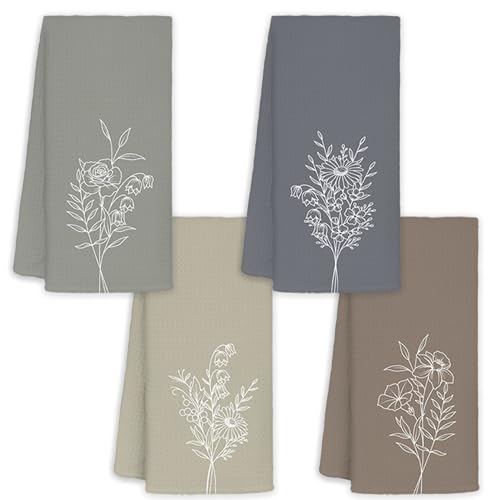 JINYO Minimalist Floral Hand Towels for Bathroom, Boho Neutral Botanical Decorative Towels for Kitchen Spa Guest Bathroom Decor, Wildflower Decor Dish Tea Towels, 16x24 Inch Set of 4 - color: Minimalist Floral Towels-9
