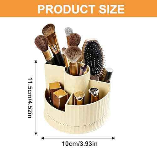 360° Rotating Makeup Brush Holder, 5-Compartment Spinning Cosmetics Organizer Cup for Vanity, Creamy White Desktop Storage for Skincare & Bathroom Accessories