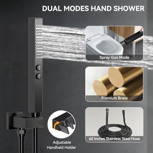 Shower System with Body Jets, Bostingner Four Modes Shower Faucet Sets with Handheld Spray 2 Ways, 4Pcs Shower Body Jets in Wall,10"+6" Rain Shower Head, Matte Black Shower Sets Complete - color: Matte Black, size: 6+10 inch