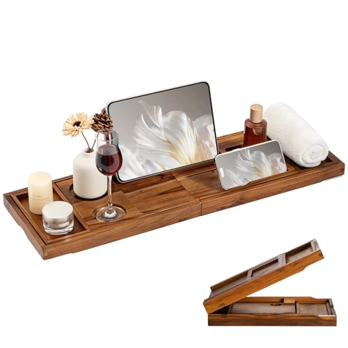 Teak Bathtub Tray for Tub, Expandable Bath Tray 28–40in, Foldable Bathtub Caddy with Wine Glass Holder, Phone & Book Stand, Wooden Bath Tray Organizer, Luxury Bathroom Accessories Gift - Light Walnut - color: Light Walnut - Solid Teak Wood