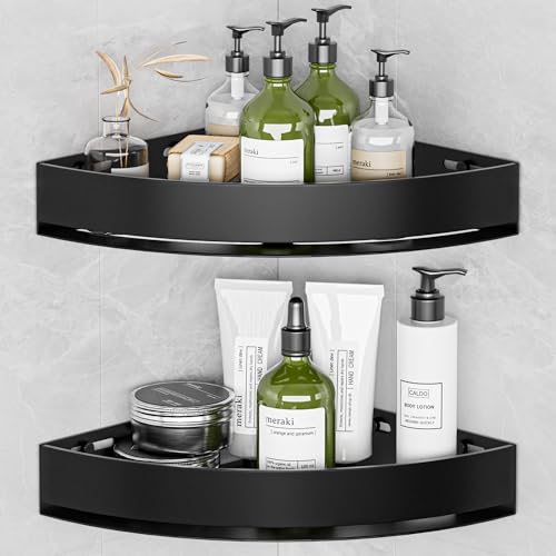 Wisfame Black Corner Shower Caddy, Triangle Shower Shelf No Drilling, Metal | Rustproof Aluminium, Adhesive & Drill Installation, Wall Mounted, 2 Pack, Bathroom Shampoo Holder for Toiletries