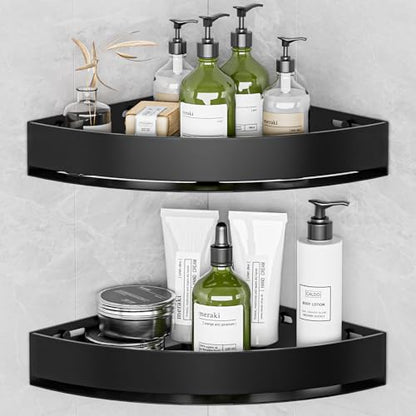 Wisfame Black Corner Shower Caddy, Triangle Shower Shelf No Drilling, Metal | Rustproof Aluminium, Adhesive & Drill Installation, Wall Mounted, 2 Pack, Bathroom Shampoo Holder for Toiletries