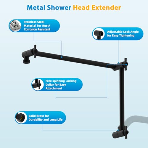 All-Metal 20" Shower Head Extension Arm, G1/2" Universal/Adjustable, Black | Flexible Brass Shower Extender Height/Angle Adjustable for Tall People, Stainless Steel Shower Pipe Extended with Lock Joint - color: Matte Black, size: 20 Inch