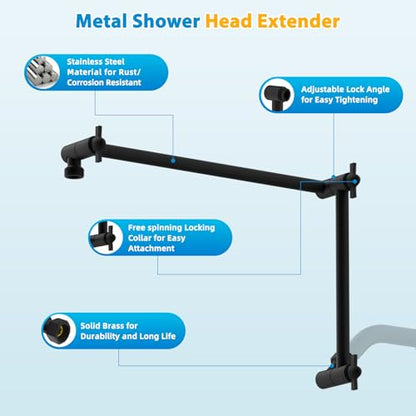 All-Metal 20" Shower Head Extension Arm, G1/2" Universal/Adjustable, Black | Flexible Brass Shower Extender Height/Angle Adjustable for Tall People, Stainless Steel Shower Pipe Extended with Lock Joint - color: Matte Black, size: 20 Inch