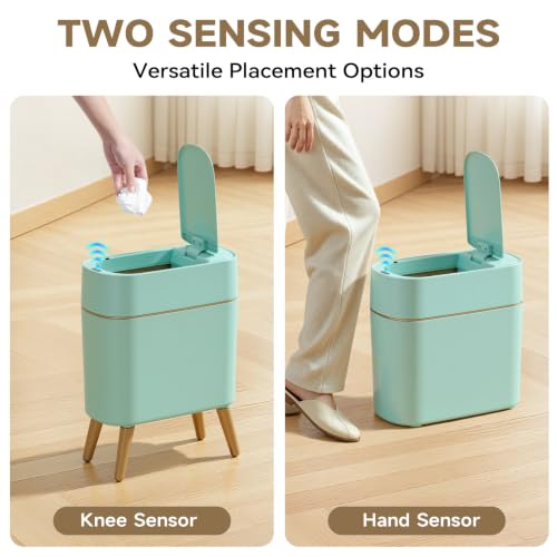 Touchless Bathroom Trash Can with Lid, Cute Tall Green Wastebasket | Waterproof,Narrow,Automatic,Convenient and Hygienic Easy to Use，2.6 gallon Small Garbage bin for Bedroom, Office，Living Room - color: Green
