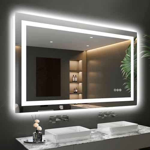LED Mirror for Bathroom 48x30 Lighted Bathroom Vanity Mirrors with Lights, Brighter Frontlit and Backlit Anti-Fog Mirror, Tempered Glass, Dimmable 3 Colors Light Modes, Memory Function - size: 48"L x 30"W