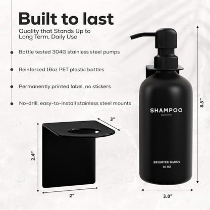 Black Shampoo and Conditioner Dispenser Set Wall Mounted by Brighter Barns - 3 Chamber No Drill Shampoo Bottles for Shower Wall - Refillable Plastic Shower Soap Dispenser for Airbnb, RV, Hotel (Black) - color: Modern (Black)