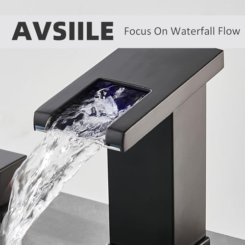 LED Bathroom Faucet 3 Hole, Matte Black Waterfall Bathroom Faucets, 8 Inch Widespread Modern Bathroom Sink Faucet & Parts, Wide Spread Touch On Three Hole 2 Handle Bathroom Vanity Faucet - color: Matte Black