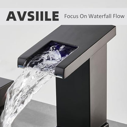 LED Bathroom Faucet 3 Hole, Matte Black Waterfall Bathroom Faucets, 8 Inch Widespread Modern Bathroom Sink Faucet & Parts, Wide Spread Touch On Three Hole 2 Handle Bathroom Vanity Faucet - color: Matte Black