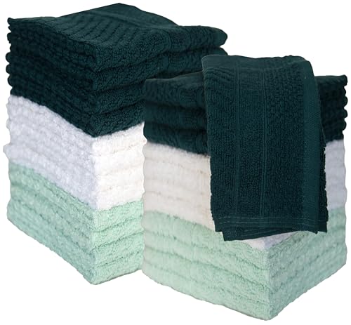 PH Pleasant Home Diagonal Wash Cloths Set - 12 Pack (12” x 12”) – 509 GSM - 100% Ring Spun Cotton Wash Cloth - Super Soft and Highly Absorbent Face Towels (Green, White & Mint) - color: Green, White & Mint, style: Diagonal
