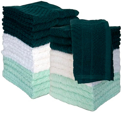 PH Pleasant Home Diagonal Wash Cloths Set - 12 Pack (12” x 12”) – 509 GSM - 100% Ring Spun Cotton Wash Cloth - Super Soft and Highly Absorbent Face Towels (Green, White & Mint) - color: Green, White & Mint, style: Diagonal