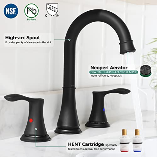 Matte Black Widespread Bathroom Sink Faucet 8 Inch for Vanity | with All Metal Pop Up Drain, High Arc 2 Handle Lead-Free Deck Mount Bathroom Faucet for 3 Hole Lavatory Utility Sink - color: Matte Black