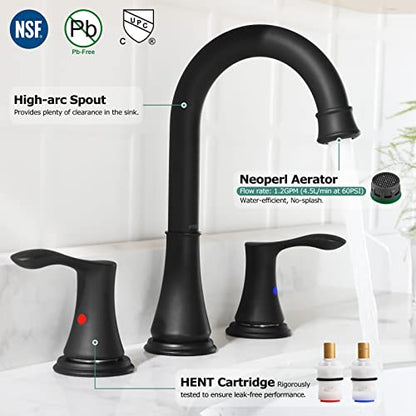 Matte Black Widespread Bathroom Sink Faucet 8 Inch for Vanity | with All Metal Pop Up Drain, High Arc 2 Handle Lead-Free Deck Mount Bathroom Faucet for 3 Hole Lavatory Utility Sink - color: Matte Black