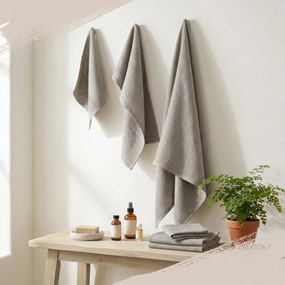 6 Pcs 100% Linen Towel Set 2 Waffle Bath Towels 2 Gray Washcloths 2 Hand Towels Natural Fiber Waffle for Bathroom Thin Pre-Washed Lightweight Quick-Dry Absorbent