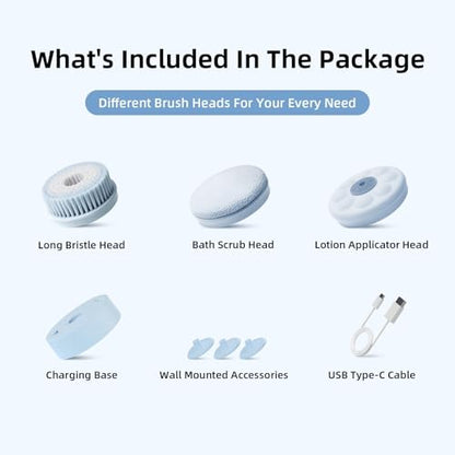 Electric Body Brush, Back Scrubber for Shower with Long Dual Handle, Waterproof Power Shower Brush with 3 Interchangeable Heads & 2 Speeds for Cleansing, Exfoliating and Massage, Sky Blue - color: Sky Blue